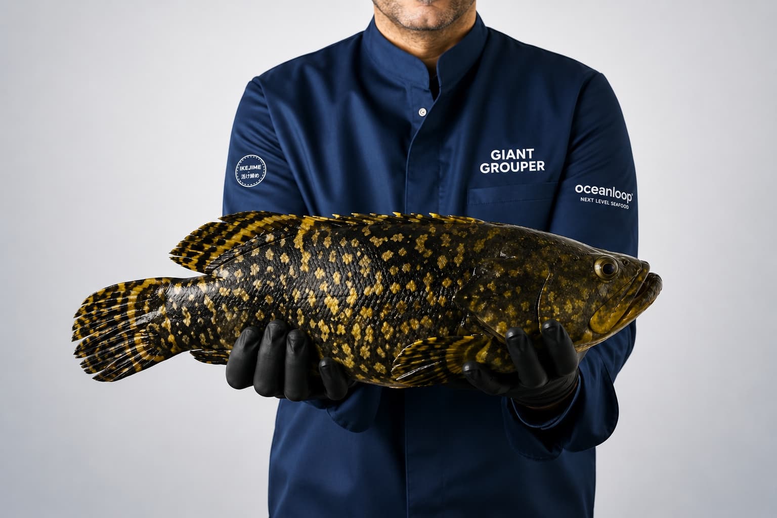 Oceanloop team member holding a land-raised Giant Grouper
