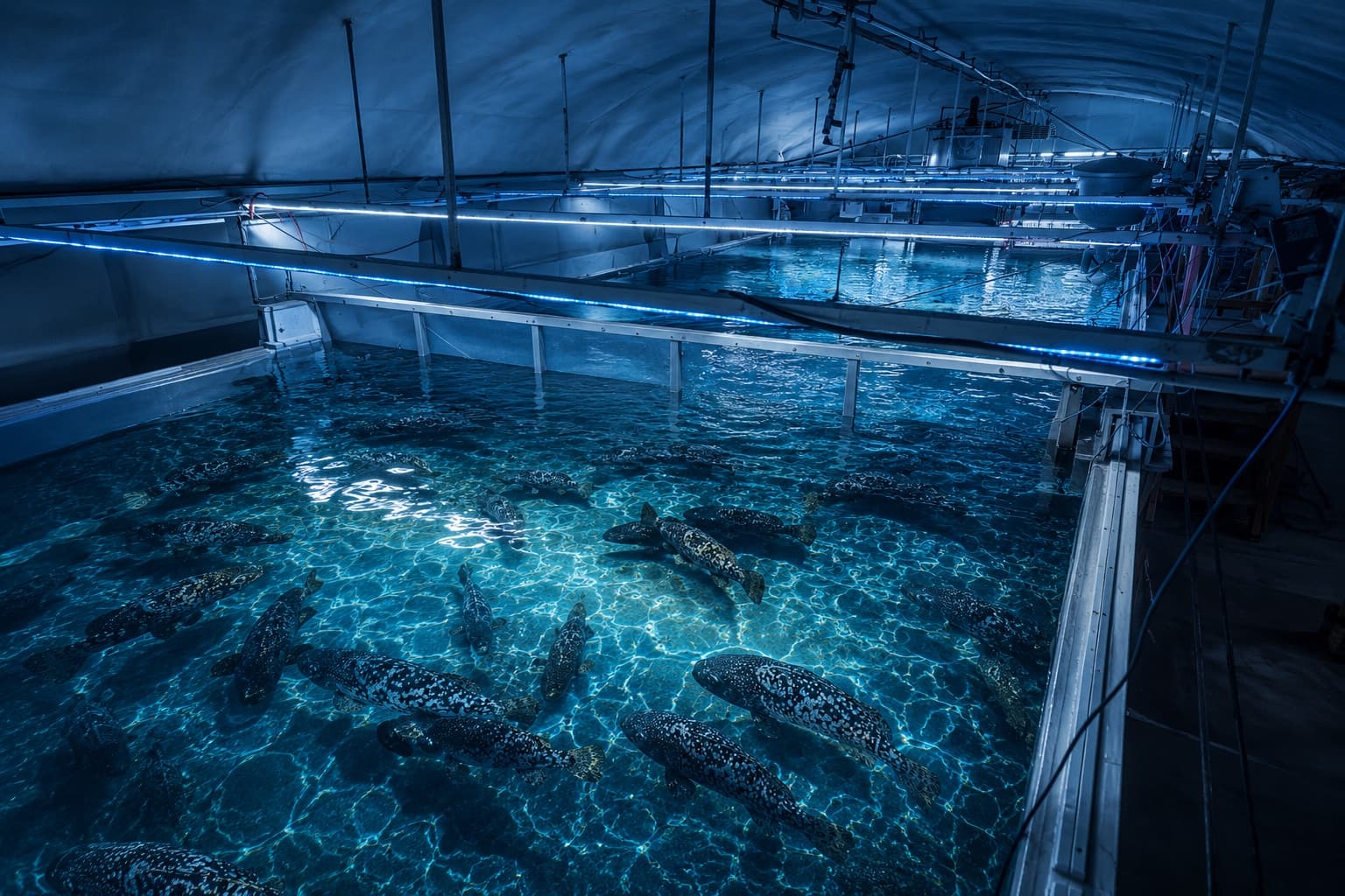 Illuminated Oceanloop raceway basins inside the Kiel farm hall