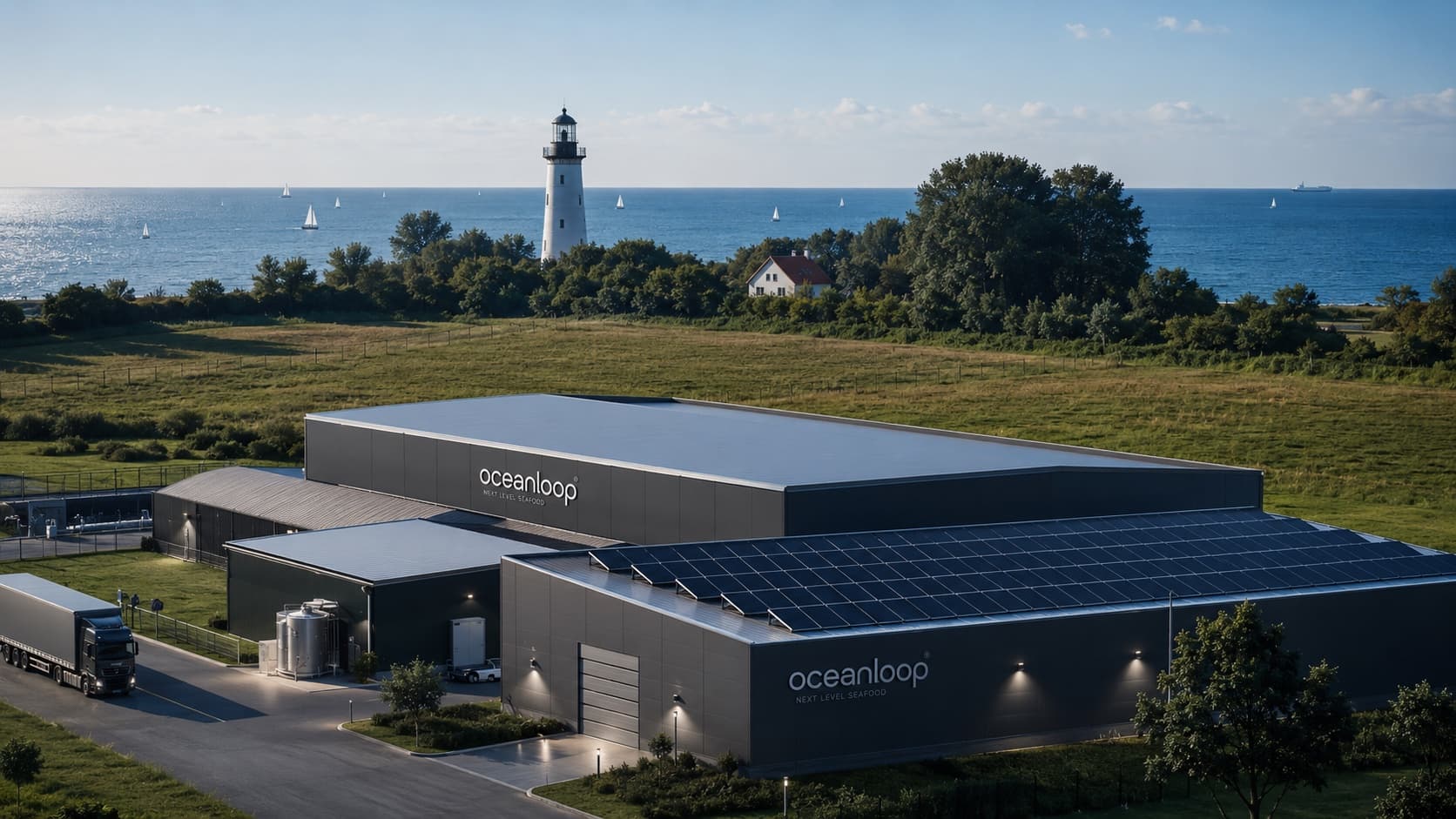 The Oceanloop farm on the Baltic coast, seen from the air beside the lighthouse