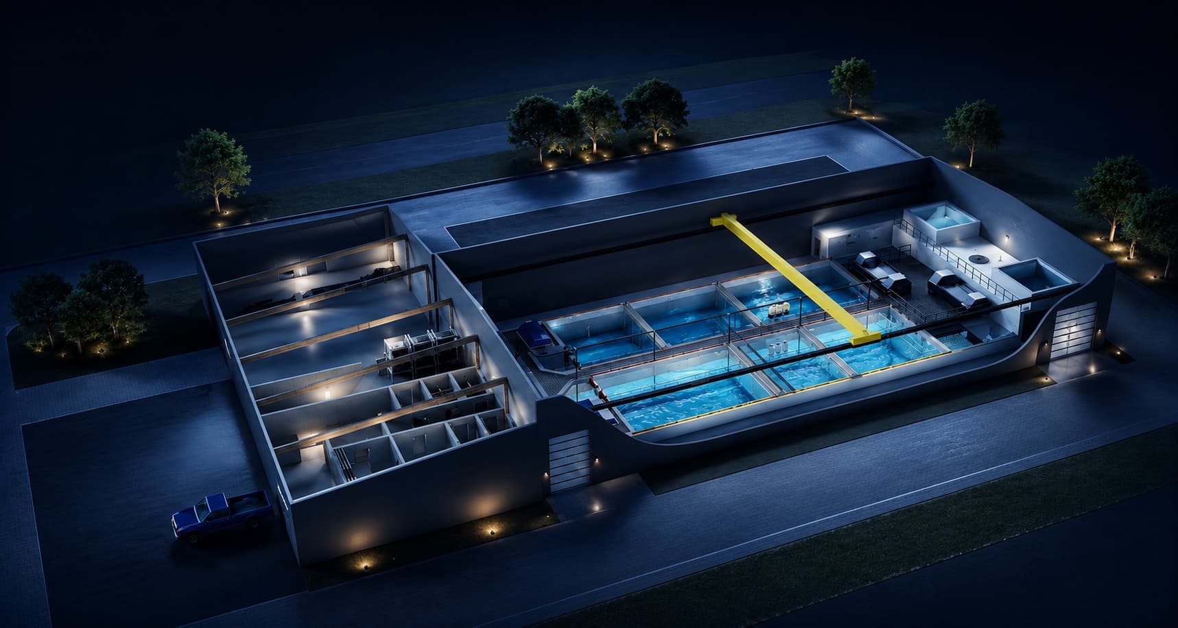 Cutaway night render of the Oceanloop Kiel farm, raceway basins lit from within