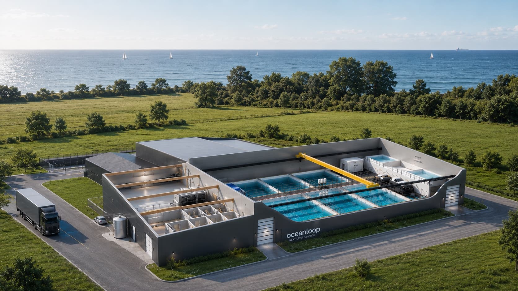 Render of an Oceanloop 1,000 farm beside the Baltic coast