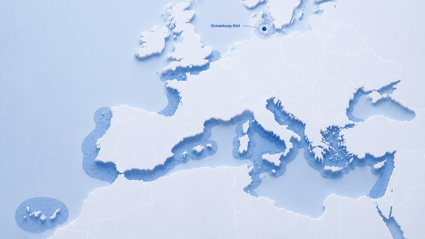 Relief map of Europe and the Mediterranean marking the Oceanloop farm in Kiel