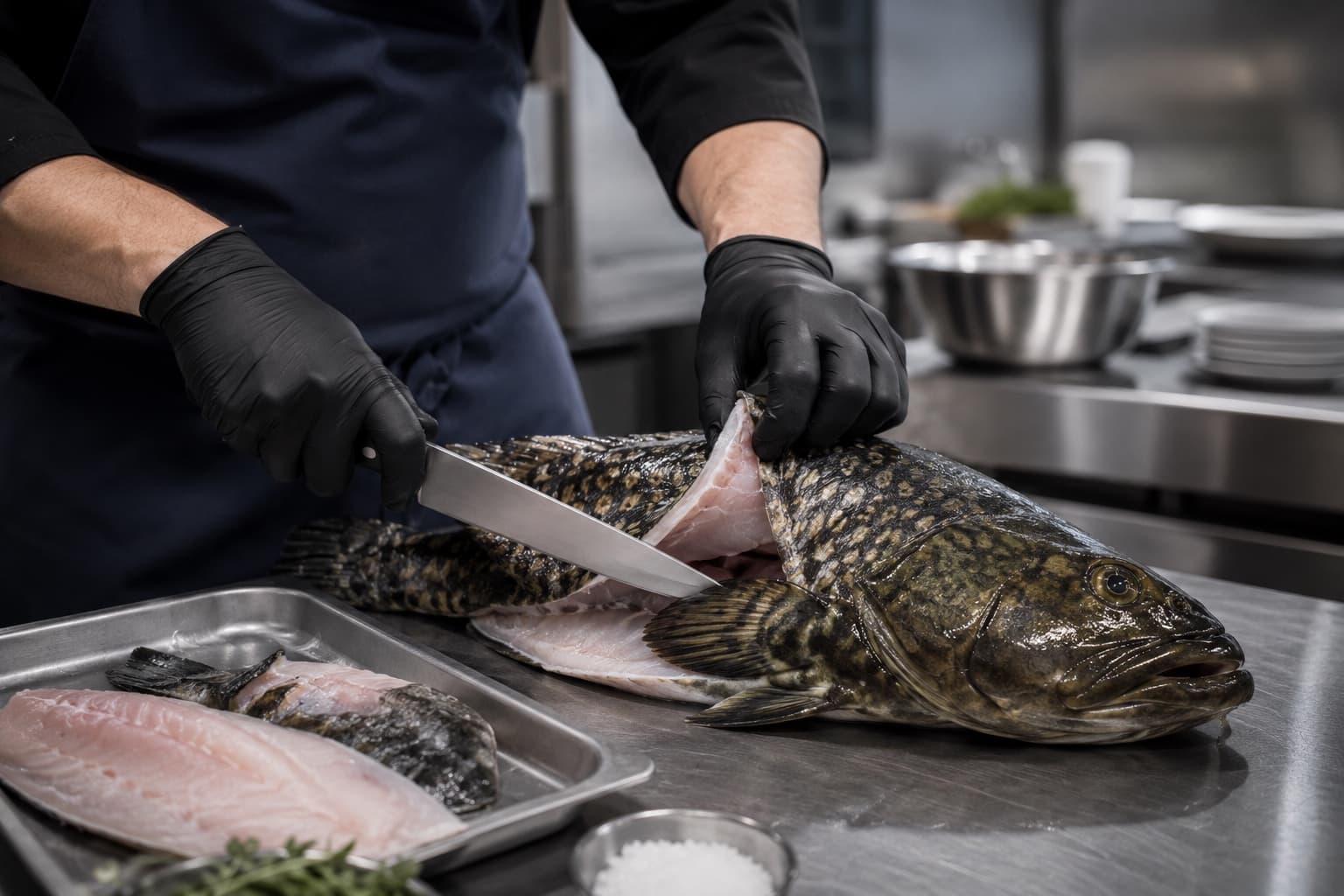 Chef portioning a Giant Grouper in the Oceanloop processing room