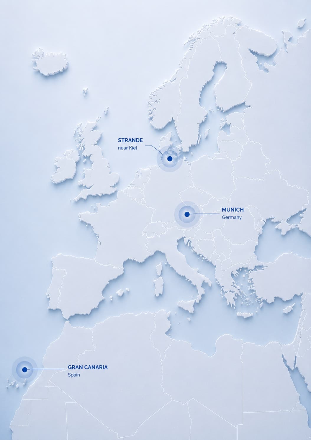 Relief map of Europe marking the Munich, Strande near Kiel and Gran Canaria locations
