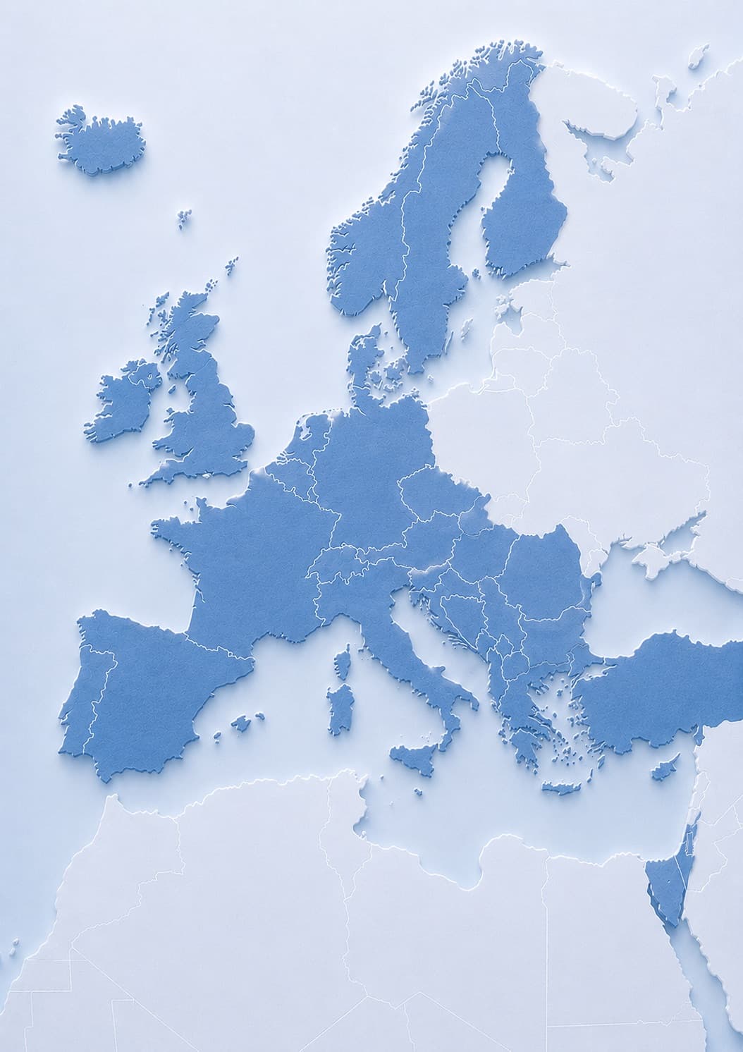 Relief map of Europe with Oceanloop's distribution markets picked out in blue