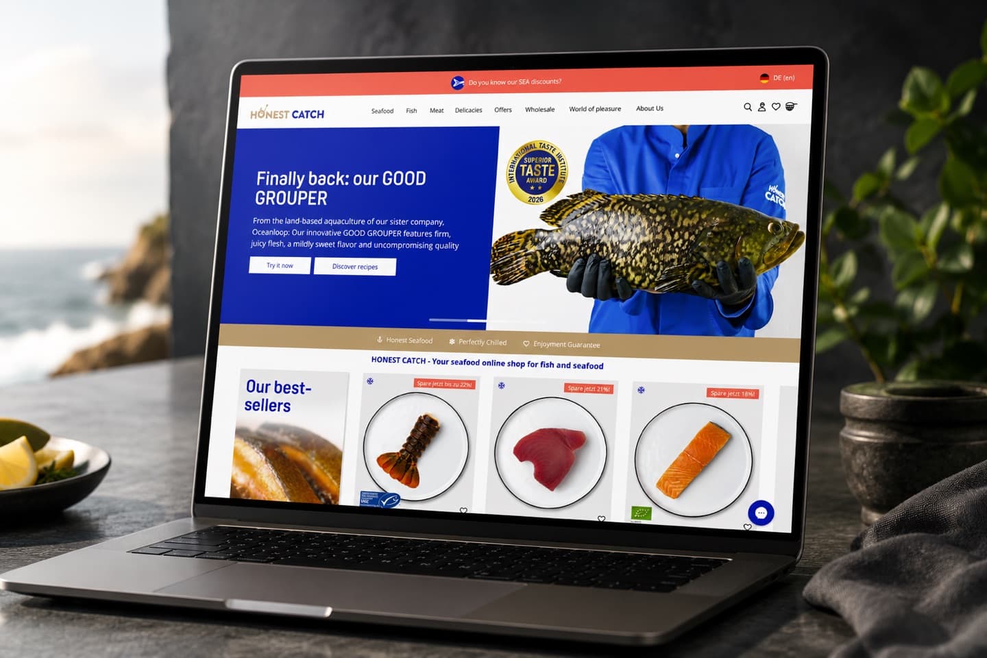 The Honest Catch online shop open on a laptop, showing the Giant Grouper launch