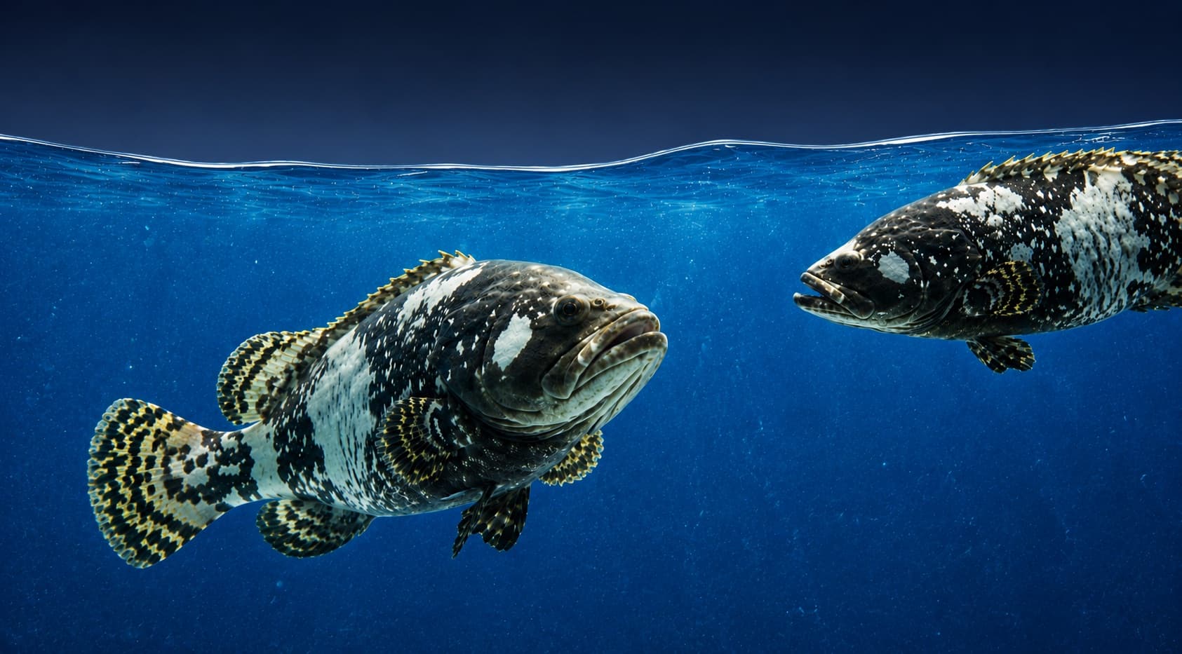 Two land-raised Giant Grouper swimming below the water line