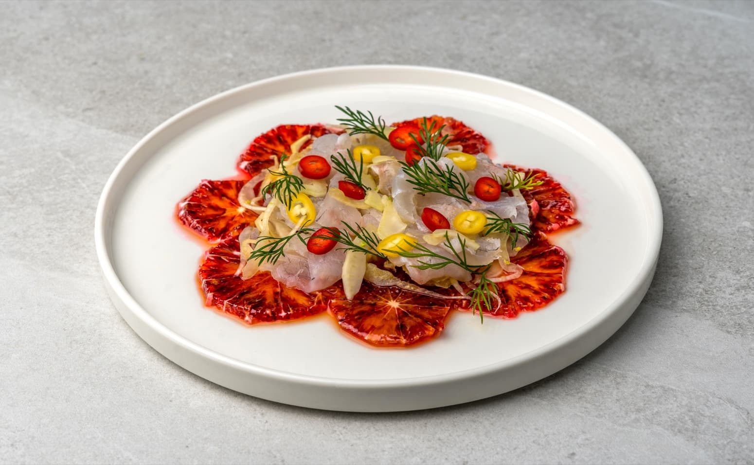 Grouper crudo with blood orange and fennel