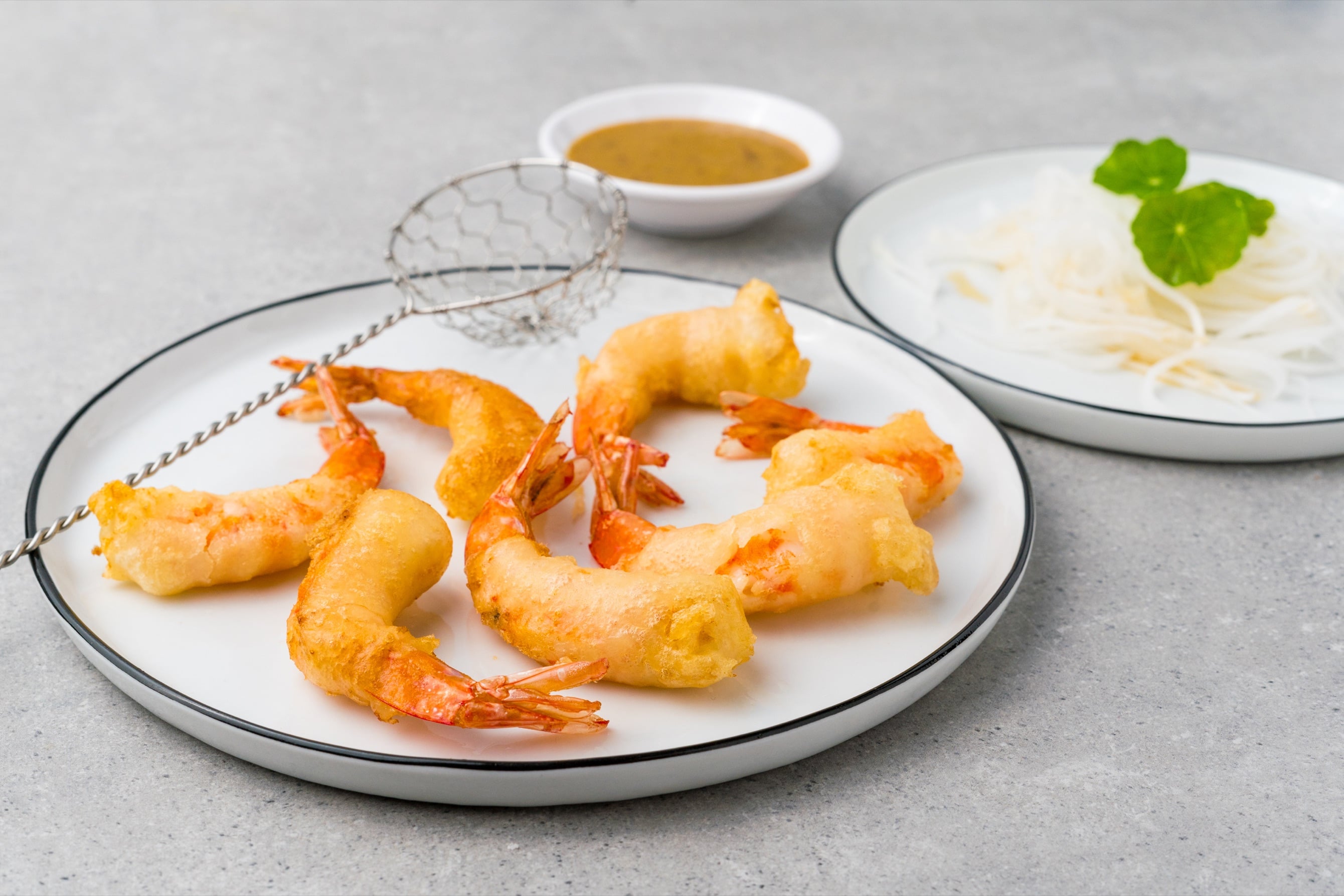 Crispy shrimp in beer batter with sweet mustard dip