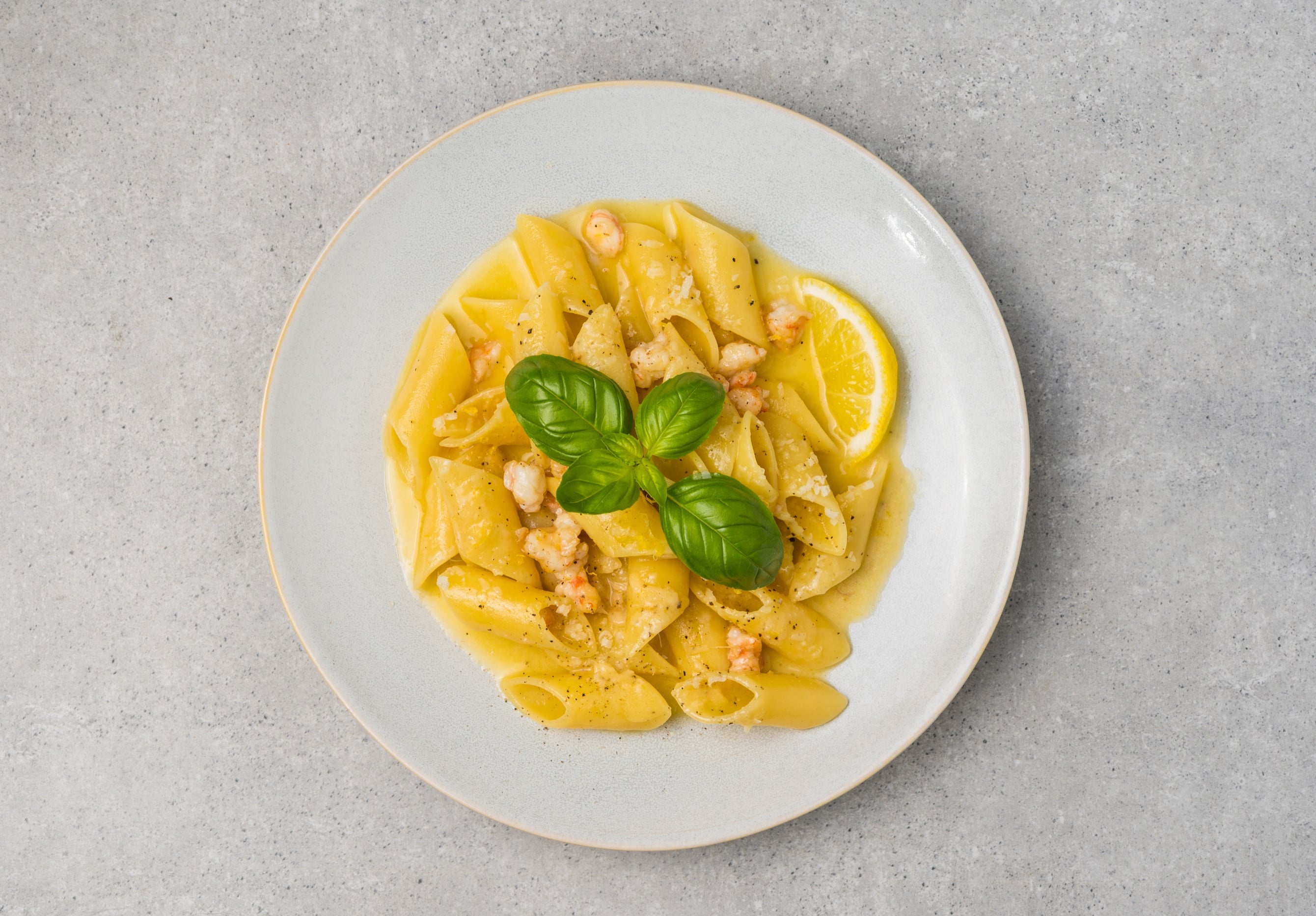 Pasta al limone with shrimp mince, basil and Parmesan