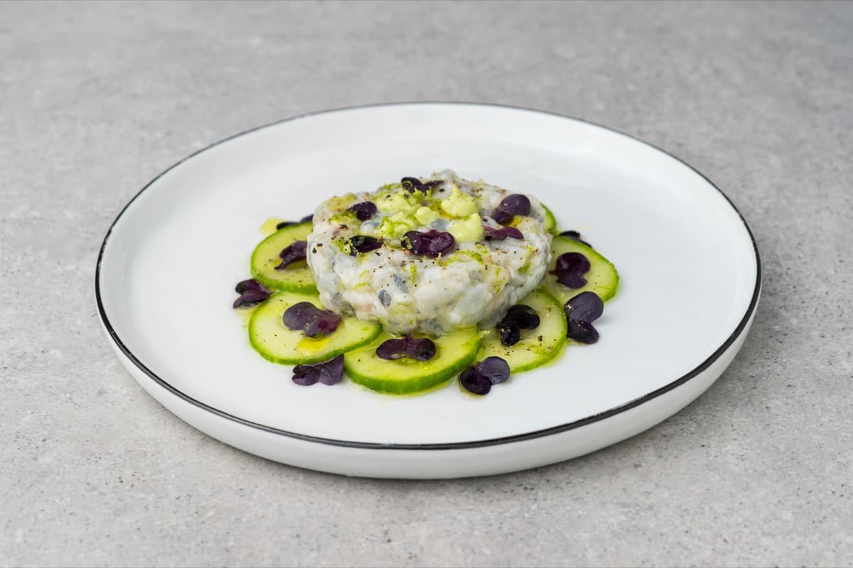 Bavarian shrimp tartare on a cucumber bed