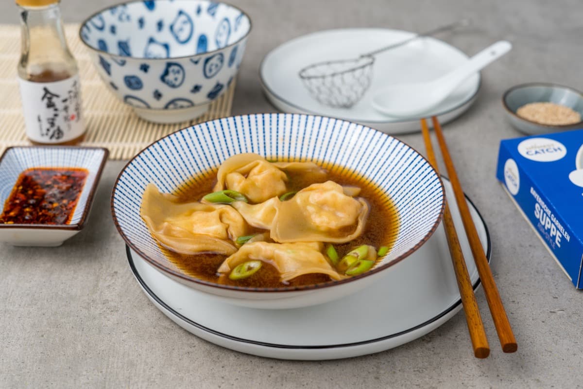 Wonton of Bavarian shrimp in Asian-style soup
