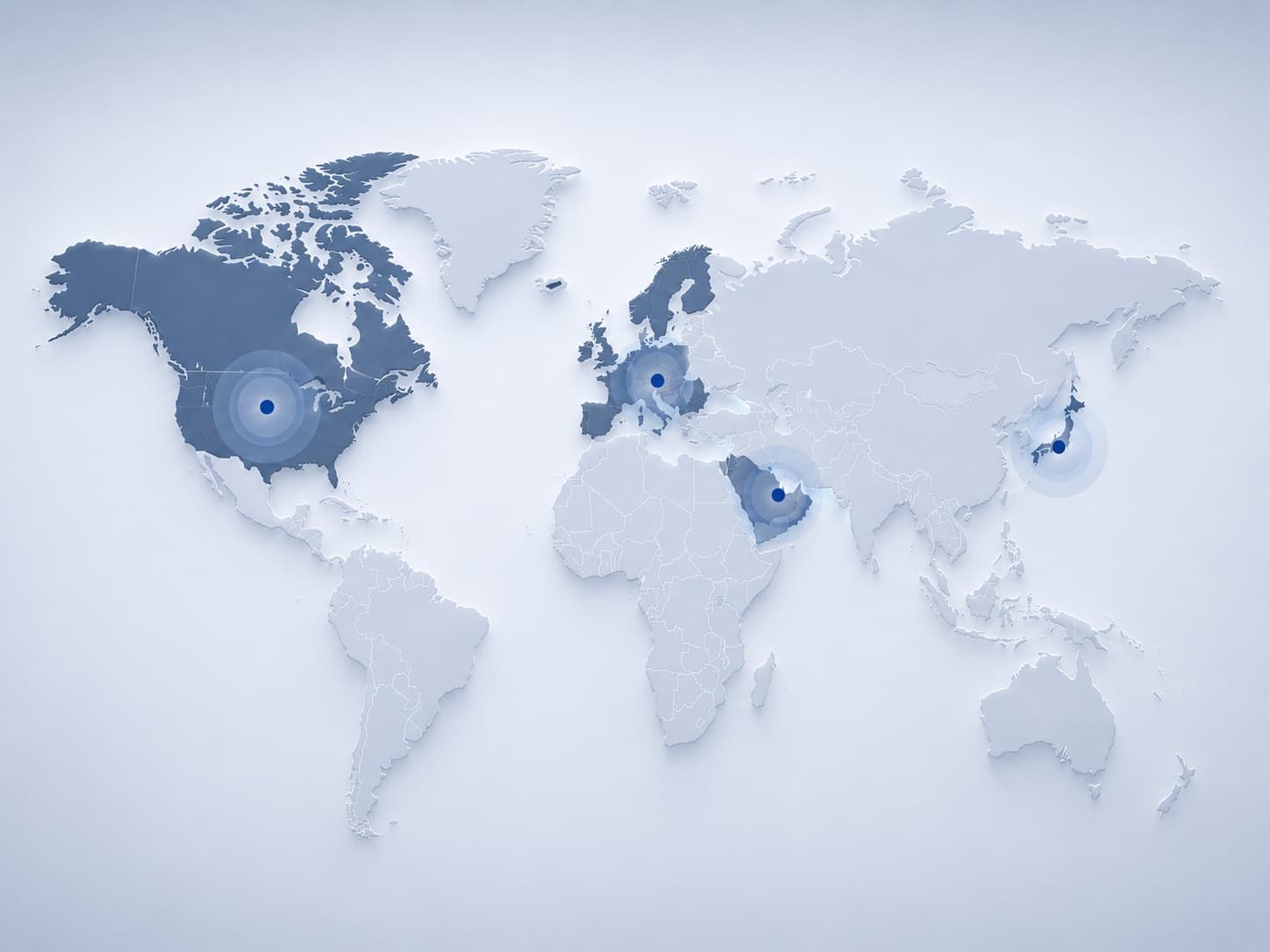 Relief map of the world marking Oceanloop's advisory network across North America, Europe, the Gulf region and Japan