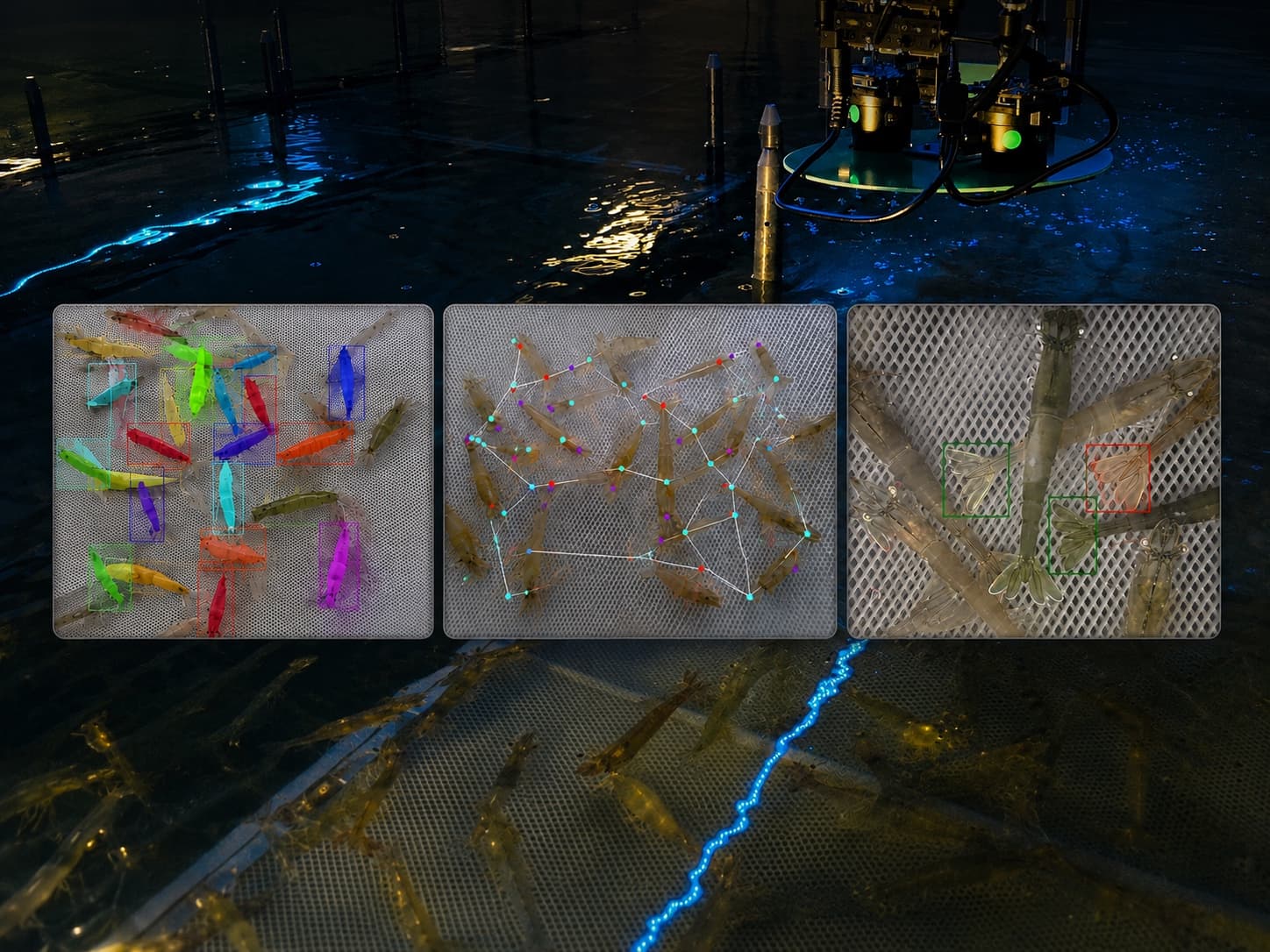 Computer-vision overlays counting and measuring shrimp in an Oceanloop raceway