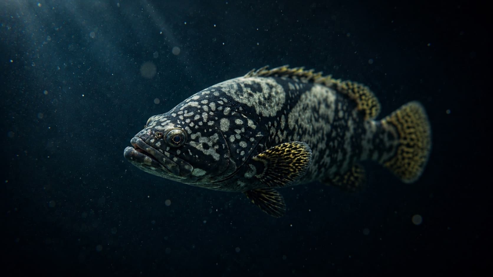 A Giant Grouper suspended in clear, dark water