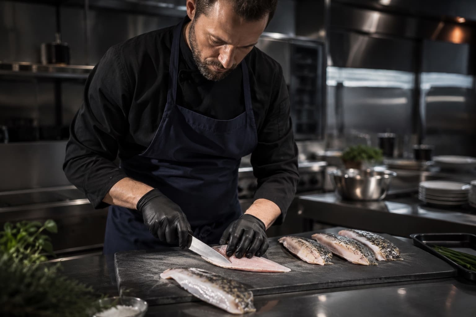 Chef filleting Oceanloop fish in a professional kitchen